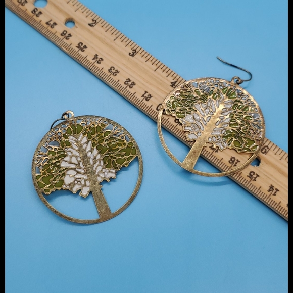 Tree of Life graphic pierced earrings gold tone green and white detail dangly - Picture 3 of 6